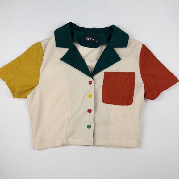 Cider Retro Colorblock Short Sleeve Button Up Crop Blouse Patchwork XS Like New - Picture 2 of 10